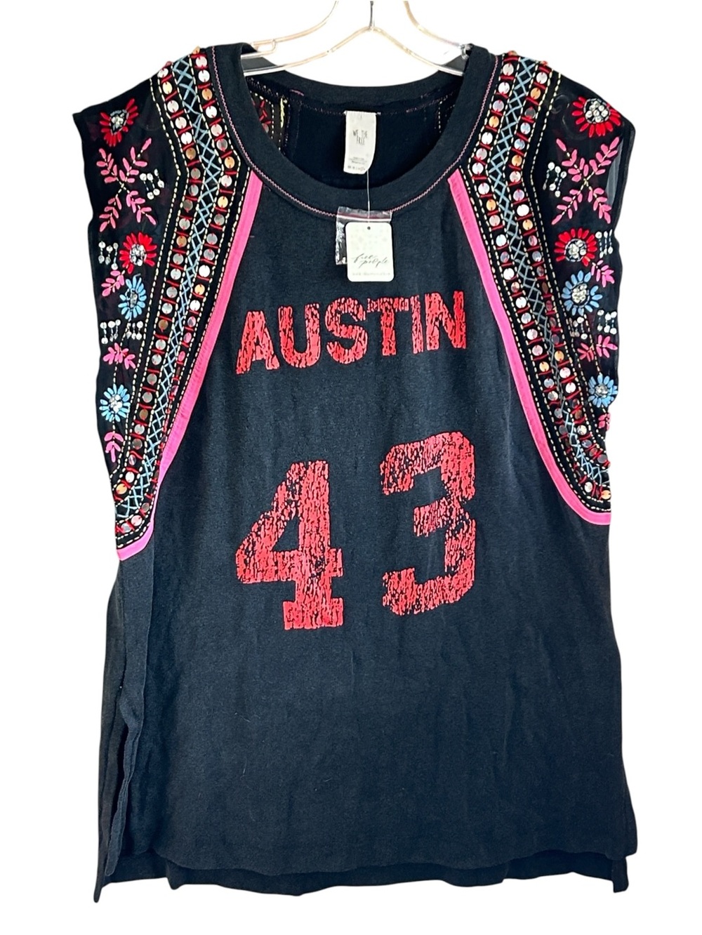 Free People x We The Free Washed Black Summer Nights Sequined AUSTIN 43 Tee LG - Picture 10 of 10